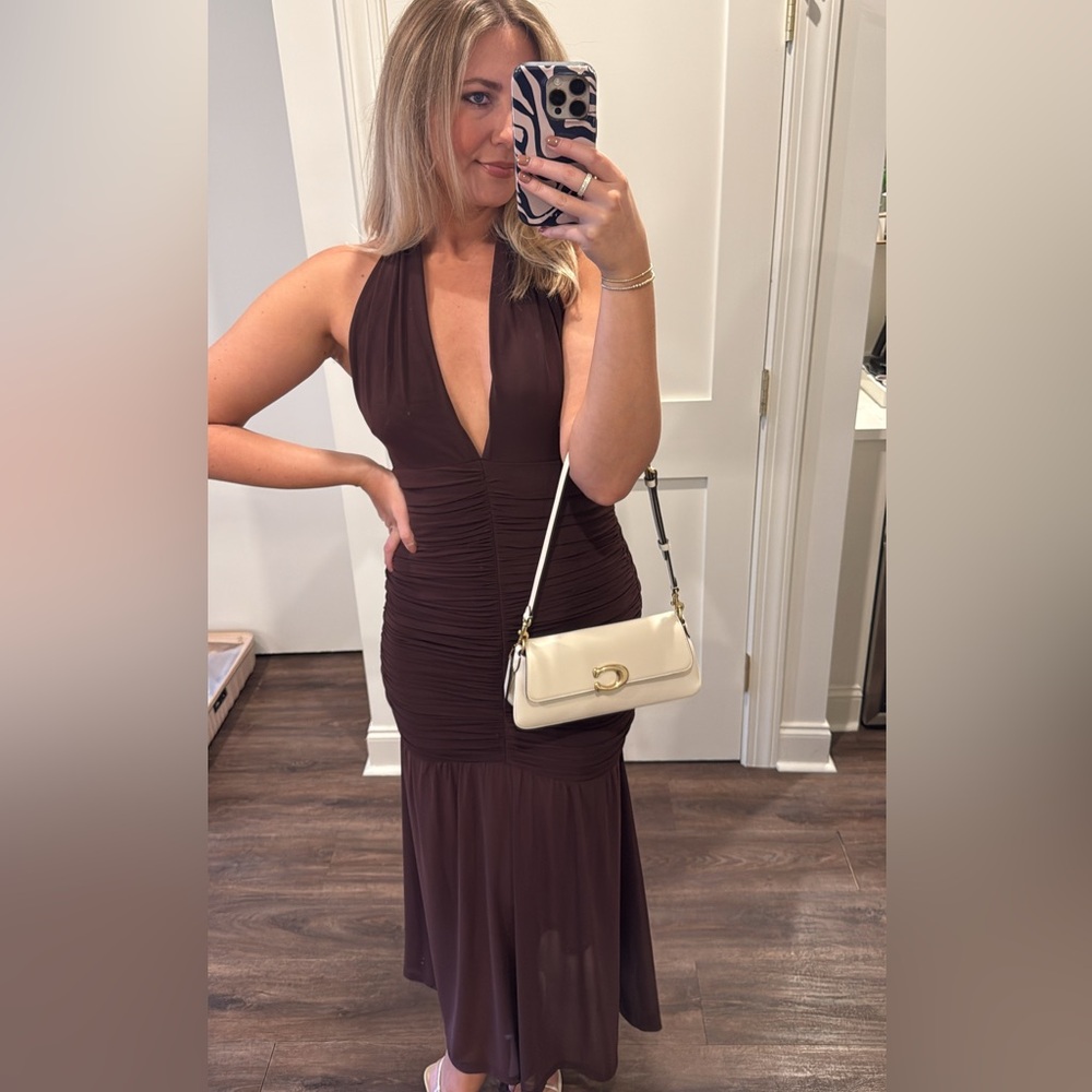 Bardot x Revolve Brown Halter Mesh Midi Dress